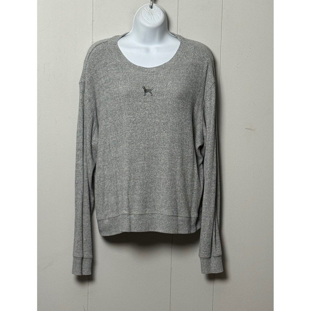 Black Dog Women's Gray Waffle Knit Long Sleeve Dog Logo Top Size Large